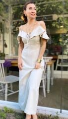 Keten Omzu Fırfırlı Elbise