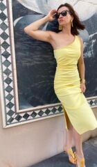 Tek Omuz Sarı Elbise