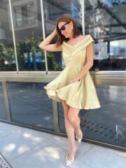 Yağ Yeşili Saten Kayık Yaka Elbise