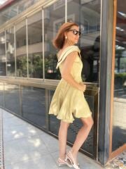 Yağ Yeşili Saten Kayık Yaka Elbise