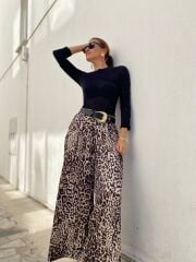 Leopar Desenli Saten Pantolon
