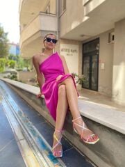 Fuşya Önden Bağlı Tok Saten Elbise