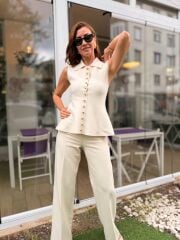 KREM ÇELİK ÖRGÜ GOLD DÜĞMELİ YELEK