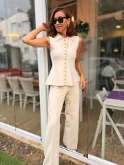 KREM ÇELİK ÖRGÜ GOLD DÜĞMELİ YELEK