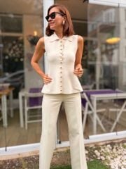 KREM ÇELİK ÖRGÜ GOLD DÜĞMELİ YELEK